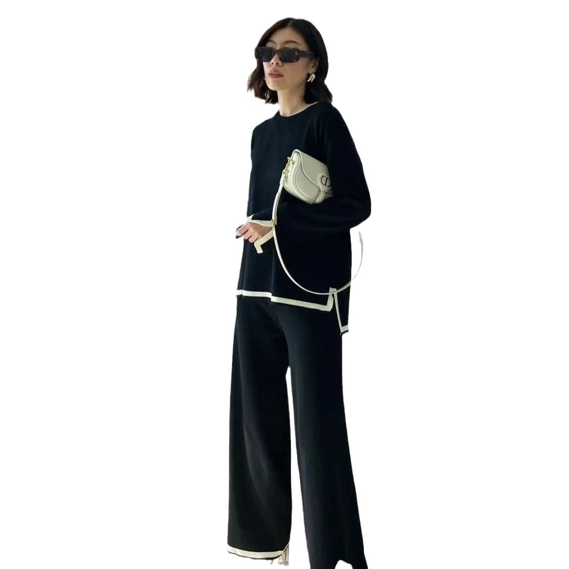 2023 New Fashion suit elegant contrast color split long sleeve sweater high waist slimming wide leg trousers two-piece set