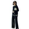 2023 New Fashion suit elegant contrast color split long sleeve sweater high waist slimming wide leg trousers two-piece set