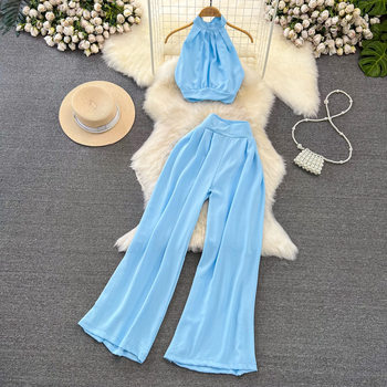 Seaside Vacation Fashion Suit Women's Halterneck Off-Shoulder Slim Vest Two-Piece Set High-Waist Slim Straight Wide-Leg Pants