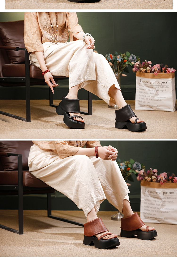 Sandal La Mã nữ da bò thật đế dày gót cao thoải mái — màu đen, Màu nâu