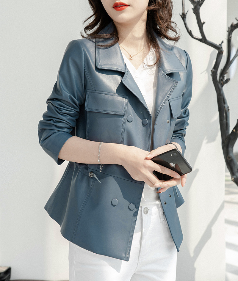 Áo khoác da nữ ngắn dáng bó eo cổ vest — Màu đen, Màu Kaki, Màu xanh lam sương mù