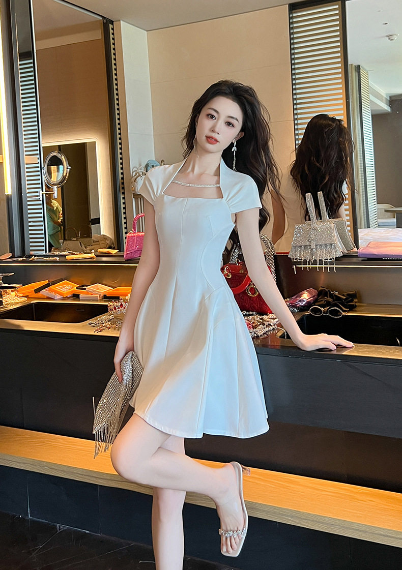 Đầm suông nữ midi cổ vuông phong cách Pháp tay ngắn — [Trắng] chi tiết 5