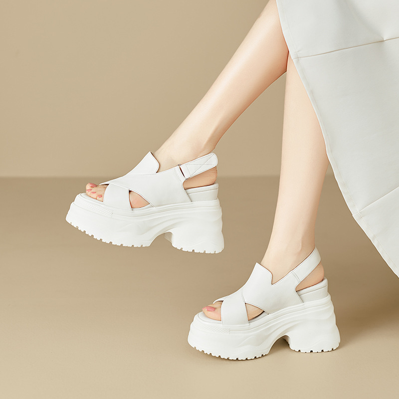 Sandal La Mã nữ quai ngang hở mũi đế dày tăng chiều cao, khóa dán tiện lợi — Màu đen, Màu trắng