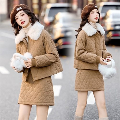 Retro Quilted down Jacket Suit Skirt for Women 2025 Winter New Style Super Nice Elegant Fur Collar Waist Two-Piece Set