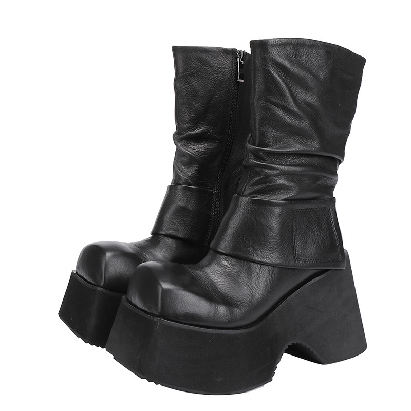 Boot nữ cổ trung da bò thật thủ công gót nêm đế dày mềm nhẹ — màu đen, nâu sẫm