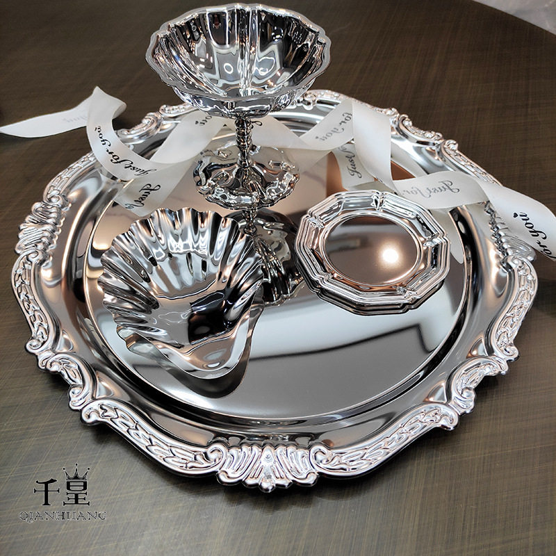 French Style Stainless Steel 304 Fruit Snack Dessert Table Cake Plate Decorative Tray Tea Cup Holder Jewelry Storage Plate