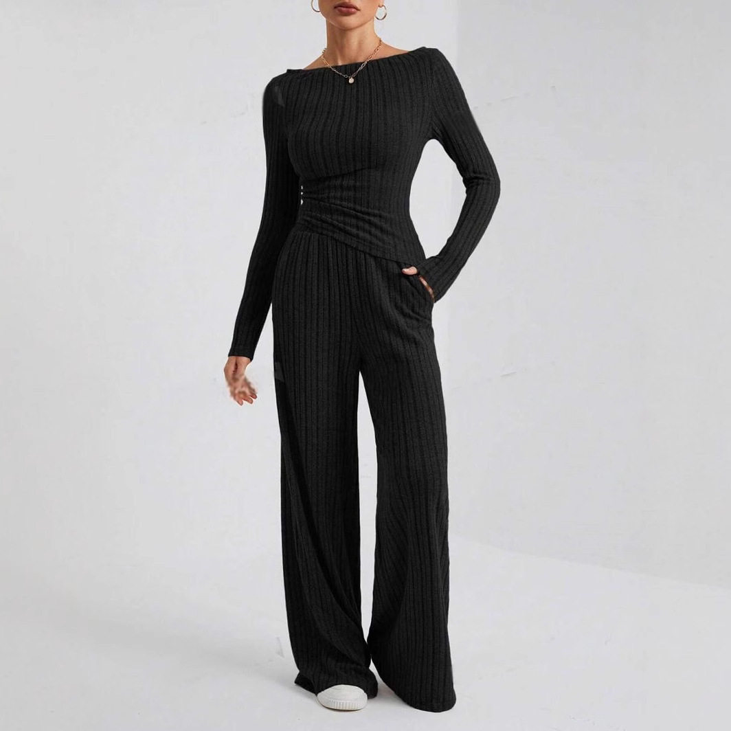 European and American Cross-Border Export 2025 Autumn and Winter Casual Pure Color High-Neck Knitted Long-Sleeved Side-Waist Loose Pants Two-Piece Set