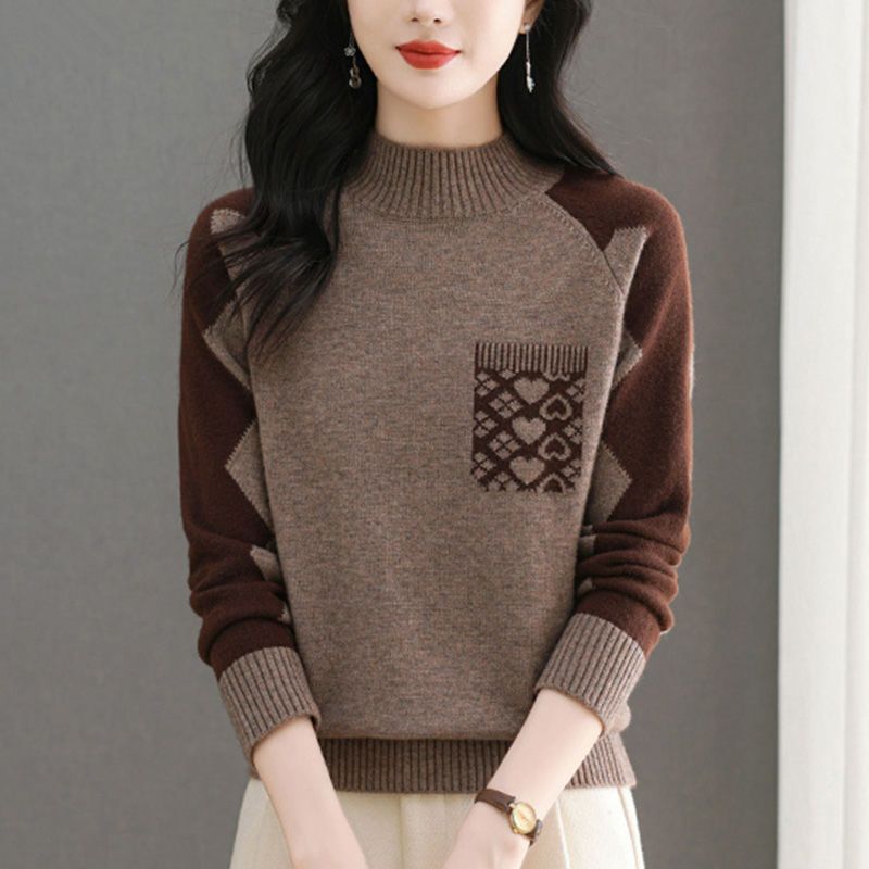 【Sheep Wool】Stylish Knitted Sweater with Half-Turtleneck for Mothers, Elegant Wool Base Layer, Thickened for Autumn and Winter