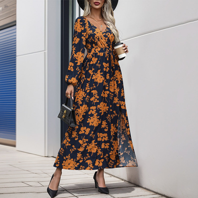 Elegant Vintage Floral Print V Neck Split Maxi Dress New Arrival Perfect for Vacation and Special Occasions Wholesale