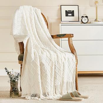 Knitted Blanket with Tassels Home Boho Style Textured Knitted Decorative Throw Blanket for Sofa Bed