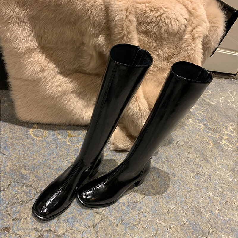 Boot nữ cổ cao ôm bắp chân da bò mũi tròn gót vuông — Màu be lót nhung bên trong, Màu đen lót heo, Màu đen lót nhung, Màu xám lót lợn