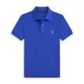 Royal blue polo shirt with yellow label