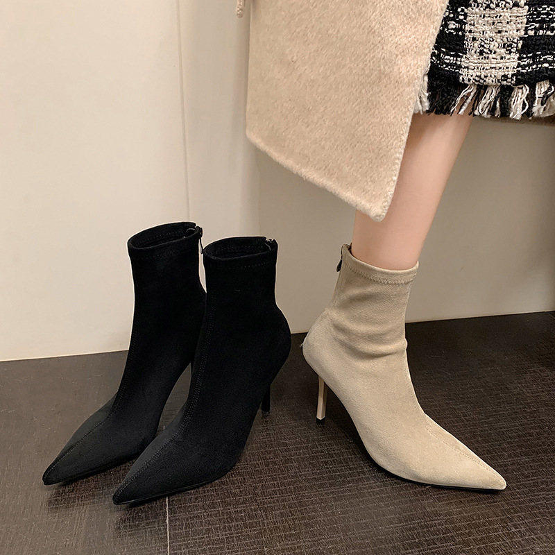 Boot nữ cổ cao qua gối gót nhọn cao 9cm chất liệu da lộn co giãn — Lớp lót đơn kaki ống ngắn, Lớp lót đơn màu đen ống ngắn, Lớp lót nhung đen ngắn, Lớp lót nhung kaki ngắn
