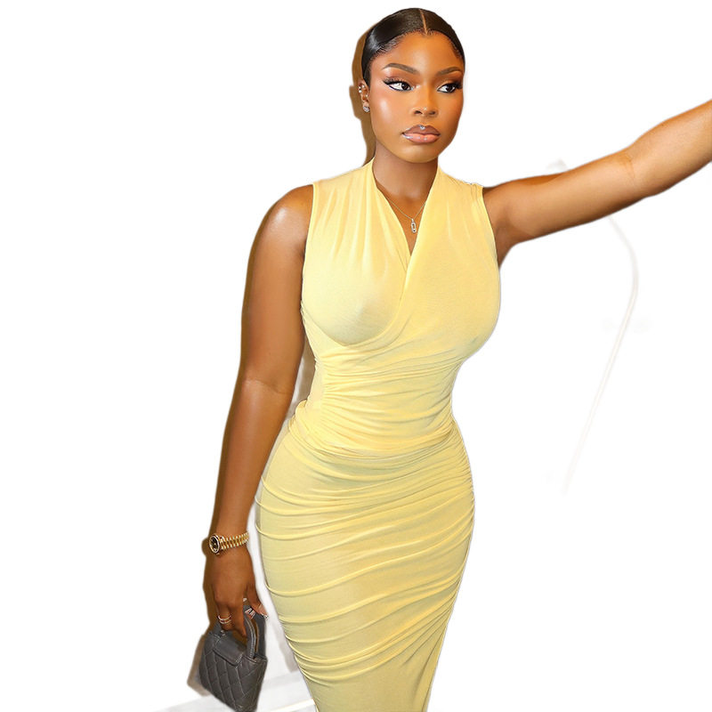 Solid Color V Neck Sleeveless Bodycon Maxi Dress Mid Waist Ruched Side Slit Slim Fit Casual or Evening Wear