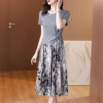 Summer Short-Sleeved Slimming and Stylish New Style Skirt Plus Size Two-Piece Printed Age-Reducing Skirt Suit