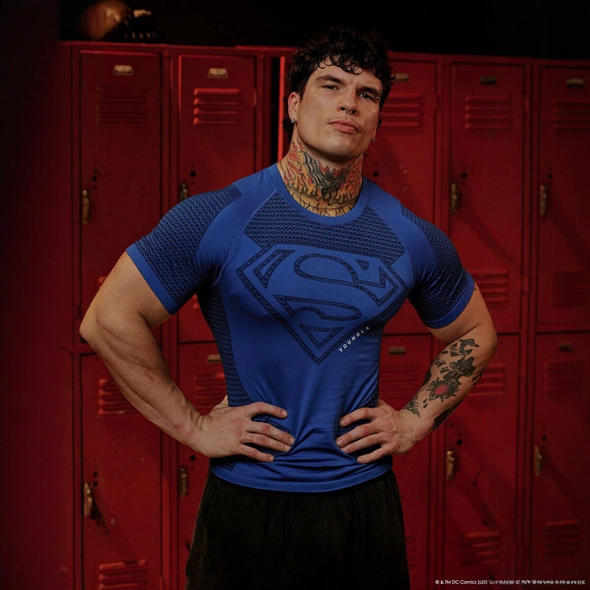 YOUNGLA co-branded Superman American новая мужская футболка muscle sports для фитнеса, дышащие колготки, топ Изображение 1