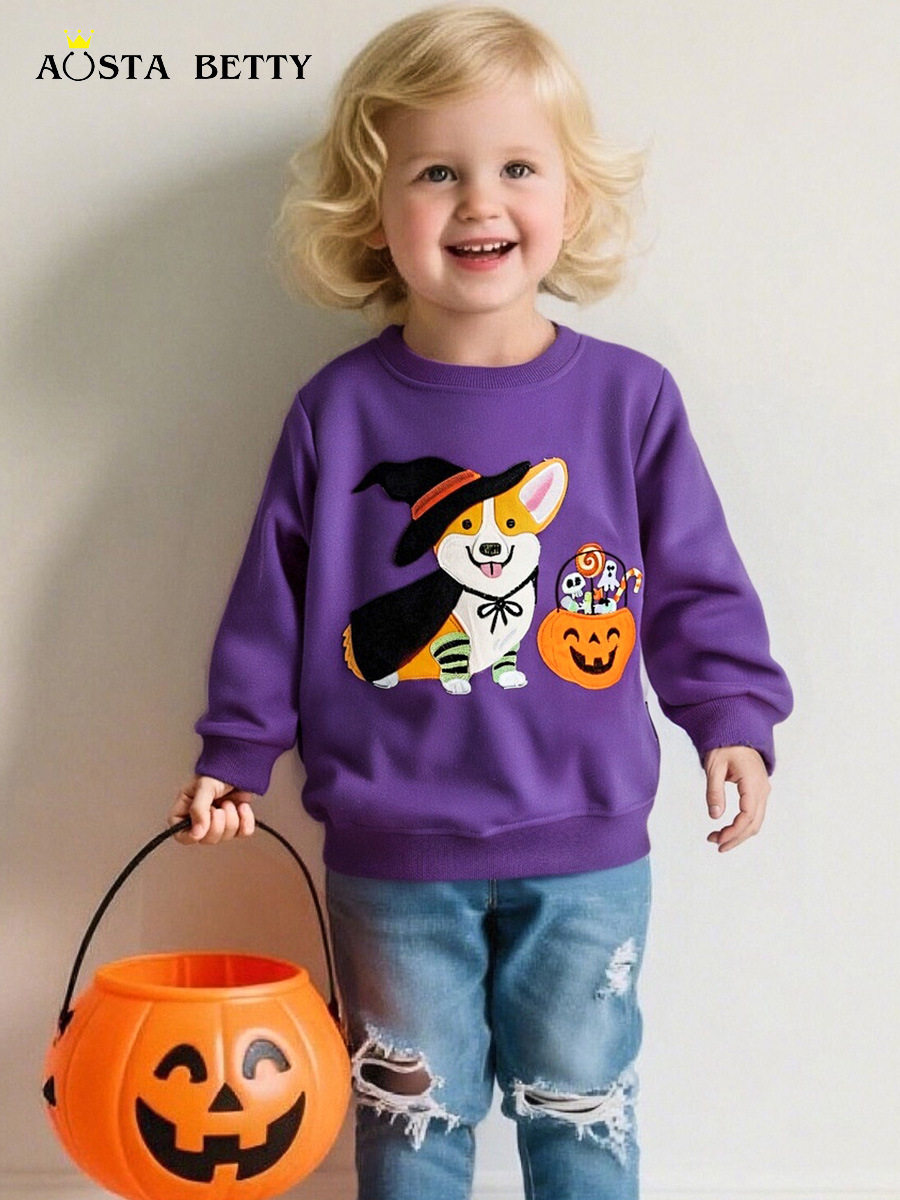 New Autumn Girls' Hoodie, Halloween Cartoon Patch Design, Children's Long-Sleeve Pullover