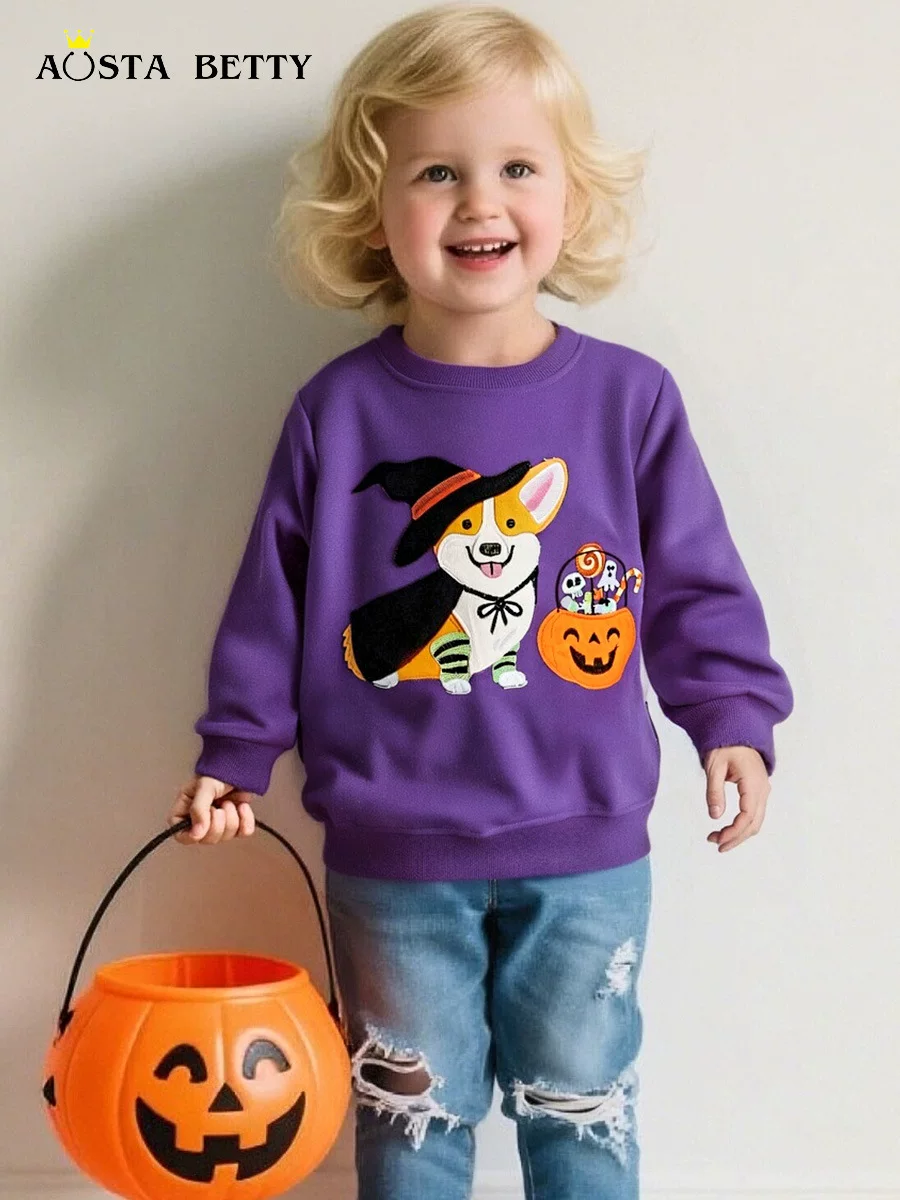 New Autumn Girls' Hoodie, Halloween Cartoon Patch Design, Children's Long-Sleeve Pullover