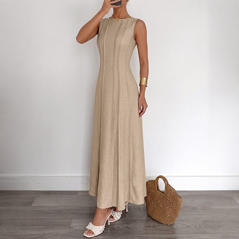Sleeveless A Line Dress Solid Color Waist Defining Minimalist Design Summer Casual Wear Wholesale Available