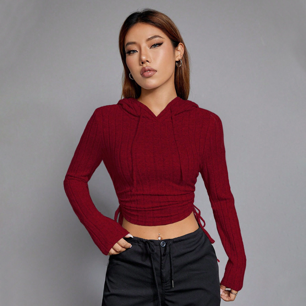 Womens Slim Fit Hooded T Shirt Burgundy Color Casual Style Autumn Winter Wear Wholesale Available