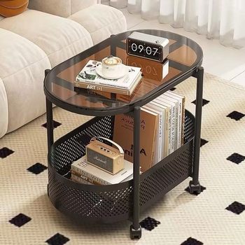 Movable Sofa Side Table Tempered Glass Side Cabinet Modern Small Table Bedside Side Cabinet Bedroom Trolley