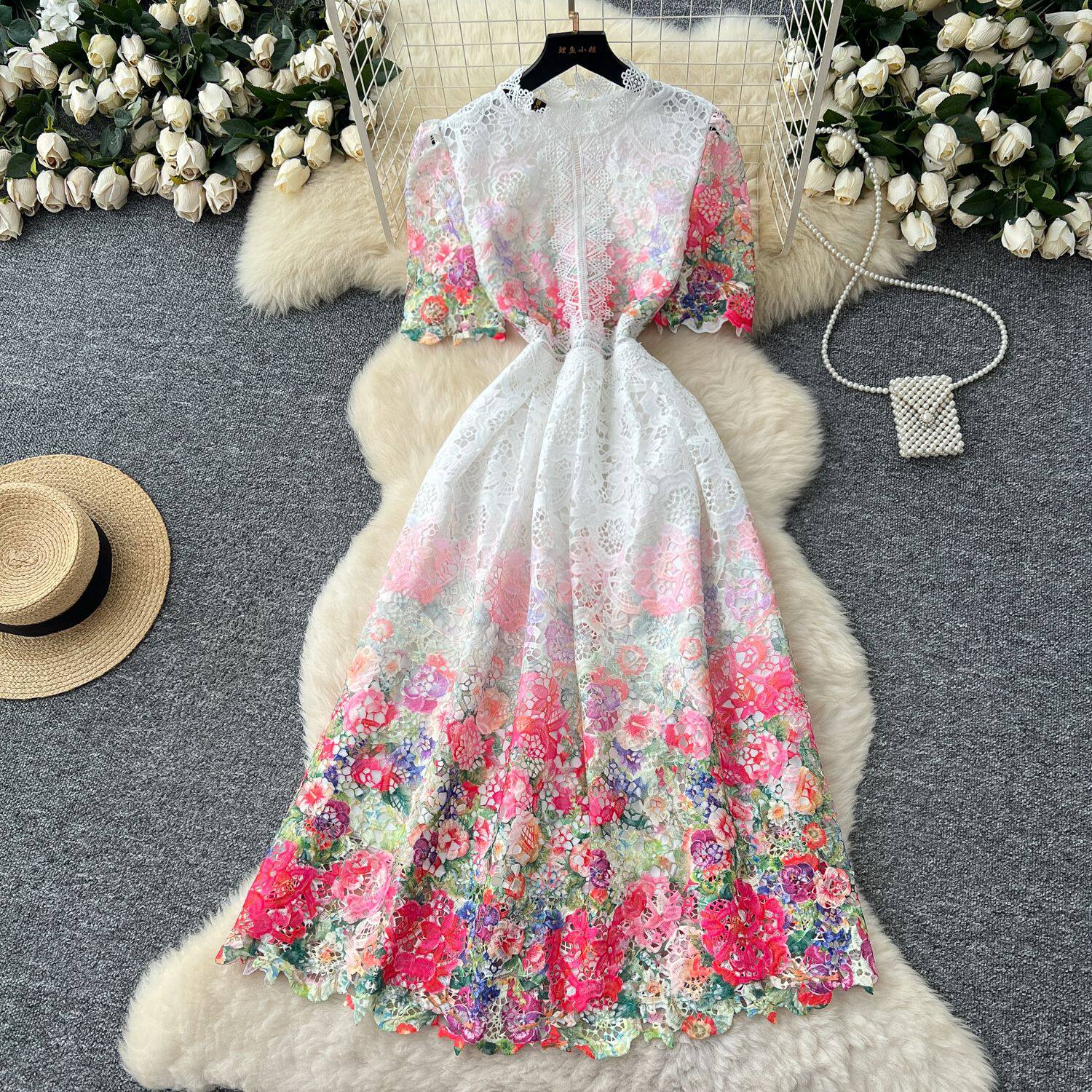 Elegant French Style Gradient Print Dress for Women Summer Hollow Out Lace Details Long Length Perfect for Formal