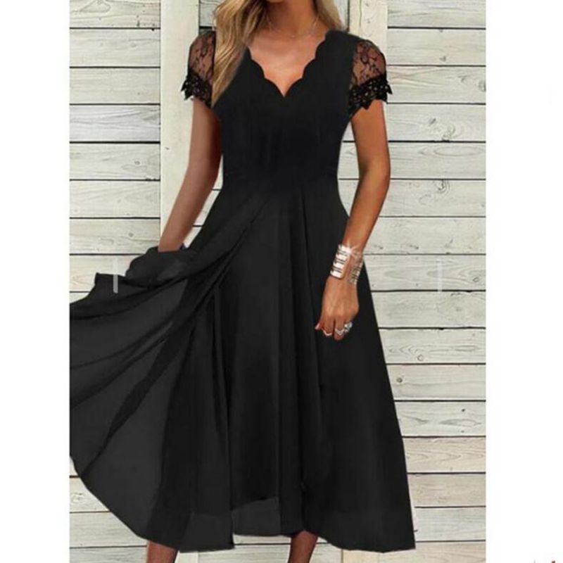 Chiffon Lace Overlay Long Dress with Ruffled Neckline for Evening Events and Bridesmaids Available in Black Sizes S to XXXL