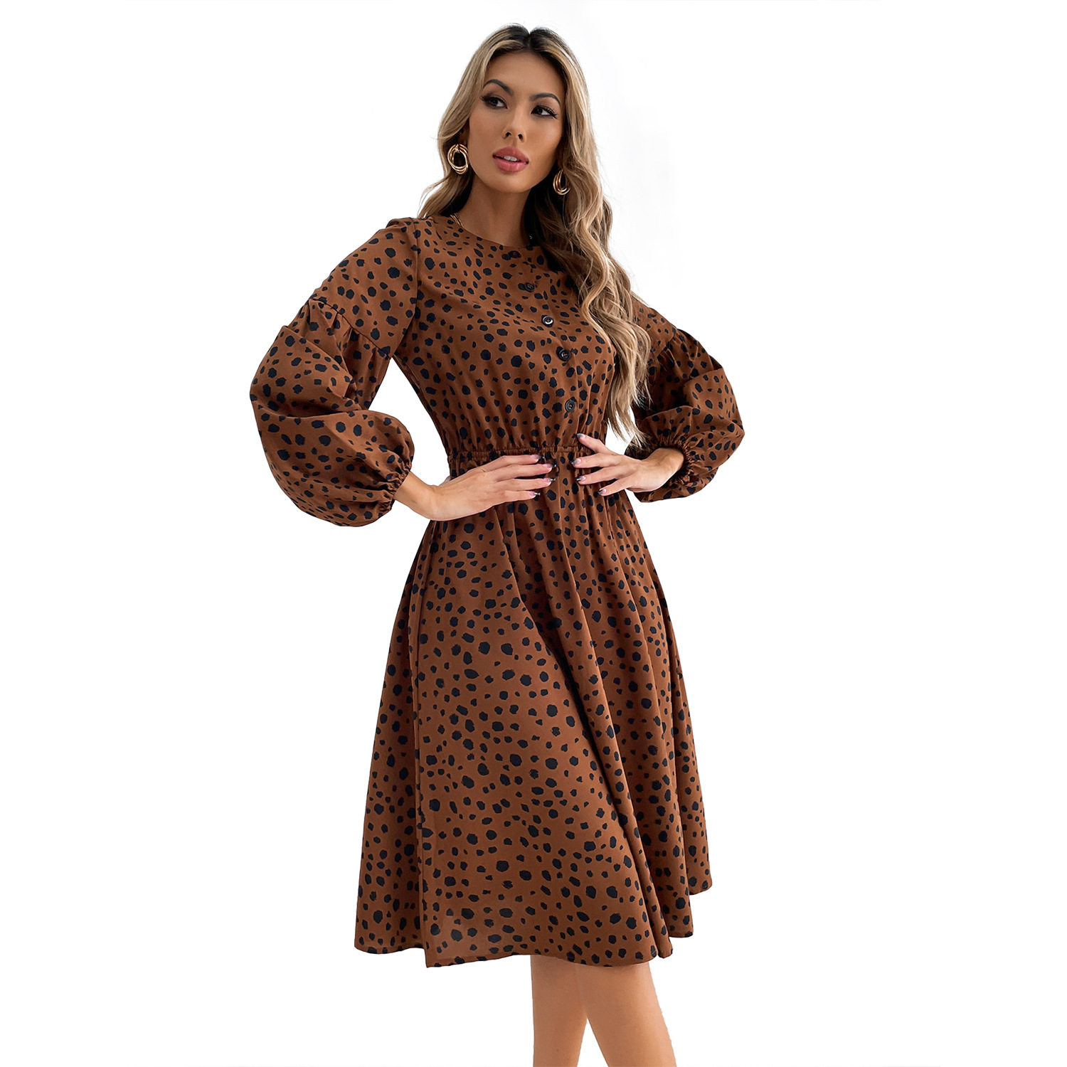 Leopard Print Floral Midi Dress Waist Defining Trendy Design Suitable for Casual Outings Wholesale Available