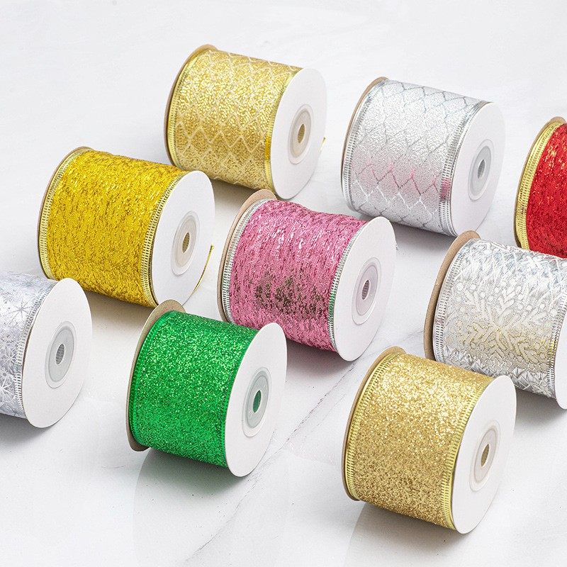 Wholesale Christmas Decoration Plaid Ribbon Hot Stamping Silver Organza Bow Wire Edge Packaging Accessories Snow Gauze Ribbon
