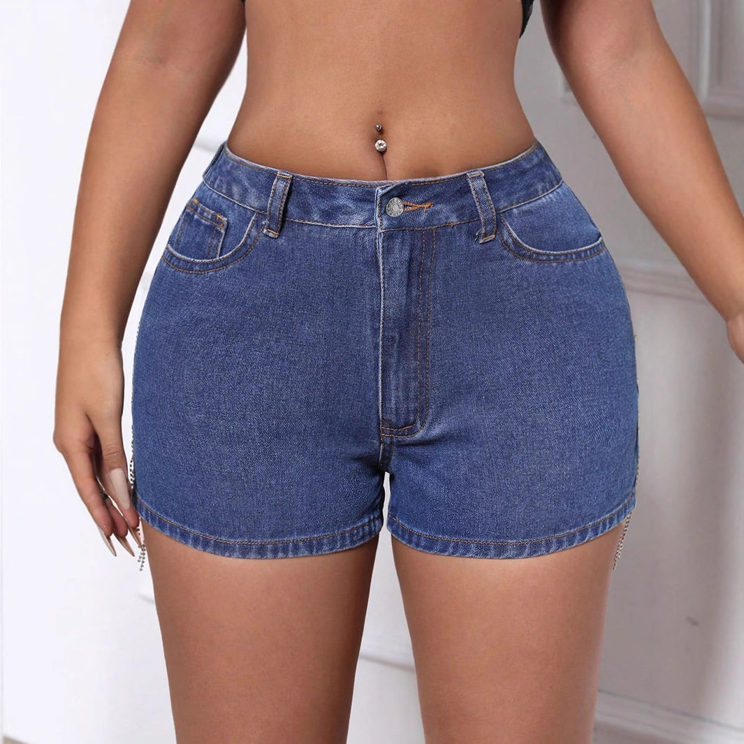 Womens Distressed Denim Shorts Fashionable Casual Style with Chain and Fringe Details Perfect for Summer Outings