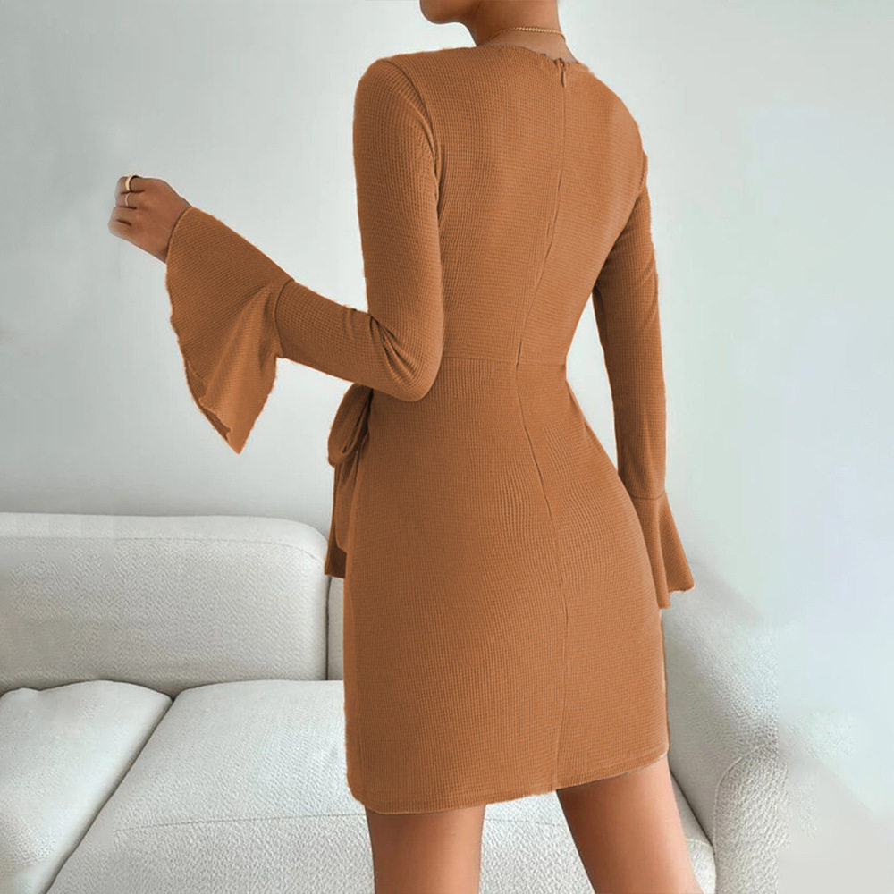 Womens A Line Dress Slim Fit Round Neck Long Sleeve Waffle Fabric Spring Summer Fashion Wholesale Available