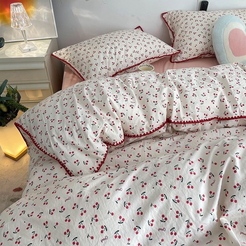 Girly Heart Cherry Quilt Cover Double-Layer Yarn Bedding Four-Piece Set Simple Washed Cotton Sheets Dormitory Set