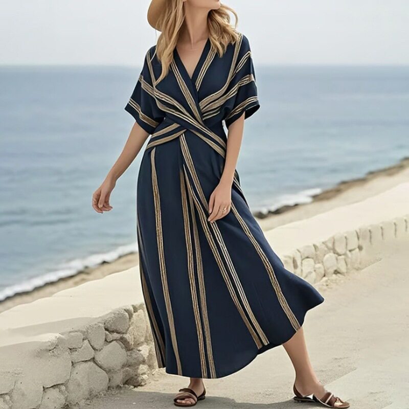 Summer Womens Dress Elegant Casual Loose Striped V Neck Long Dress Beach Vacation Style Wholesale Available