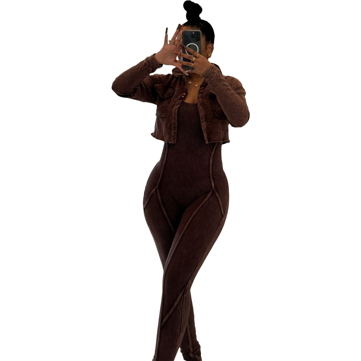 TK6329 跨境货源欧美时尚女装 酸洗炒色做旧连体裤两件套休闲套装