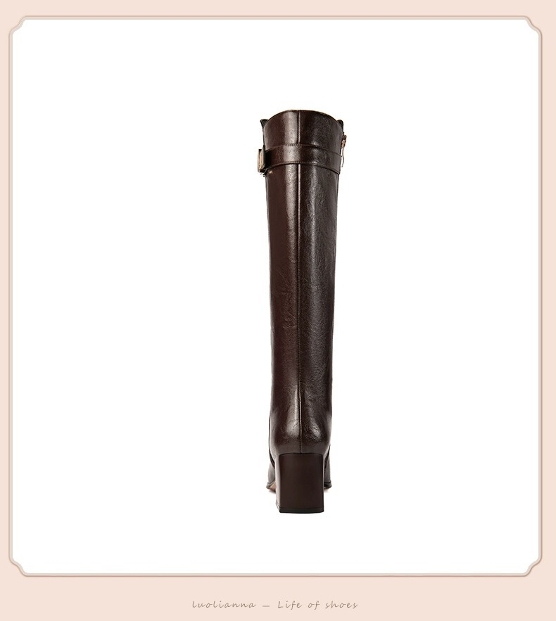 Boot nữ cổ cao gót thô mũi tròn phối khóa kéo bên, dáng ôm chân tôn dáng — Màu đen, Màu nâu