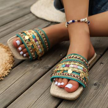 Ethnic Style Beach Slippers for Women, Summer Outdoor Wear, 2023 Export, Bohemian Open-Toe Flat Sandals, Large Size, Flat Heel