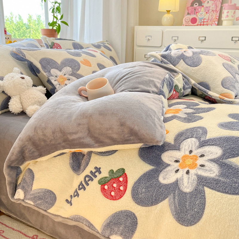 Thickened Snowflake Velvet Four-Piece Winter Coral Milk Velvet Quilt Cover Double-Sided Velvet Bed Sheets Quilt Cover Three-Piece Fitted Bed Sheets Set