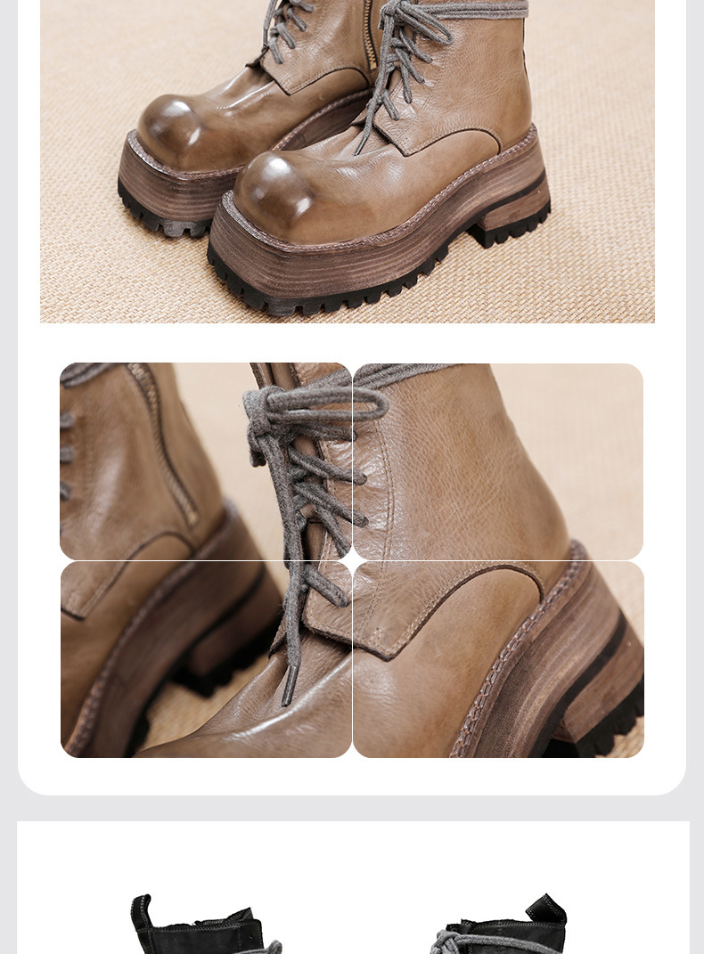 Boot Martin nữ da bò thật đế dày gót cao cổ ngắn — Màu đen, Màu xám