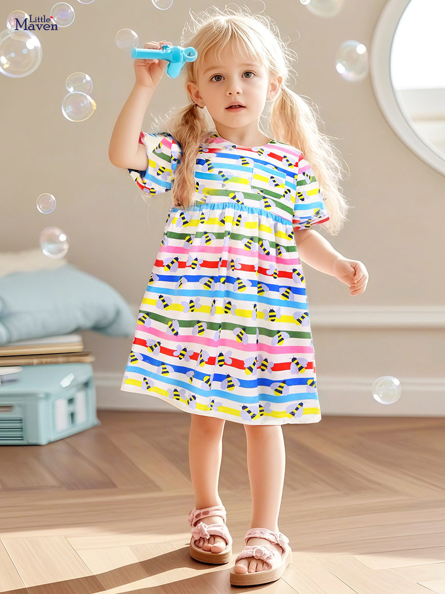 Girls' New Summer Short-Sleeve Dress, Style Cotton Cartoon Princess Dress
