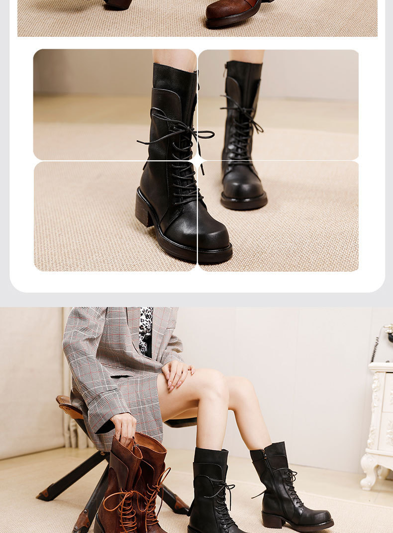 Boot Martin nữ da bò thật cổ trung, khóa kéo bên, gót vuông — Màu cà phê, Màu đen