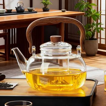 Electric Ceramic Stove for Tea Brewing, High Borosilicate Glass, High Temperature Resistant Flower Teapot, Wooden Handle, Teapot, Open Flame Teapot, Tea Set