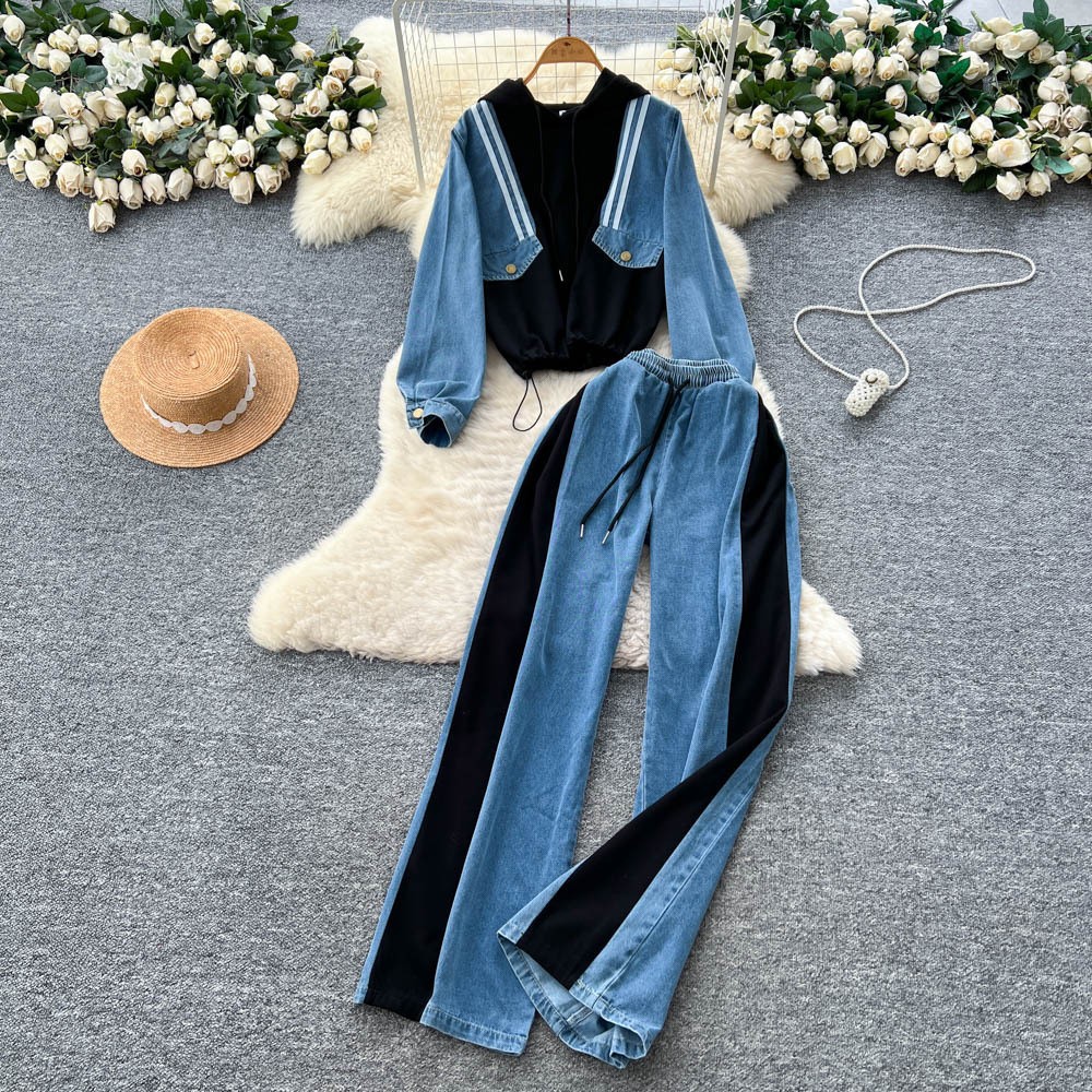Womens Vintage Loose Fit Denim Hoodie and High Waisted Wide Leg Pants Set Casual Style for Fall Winter Wholesale