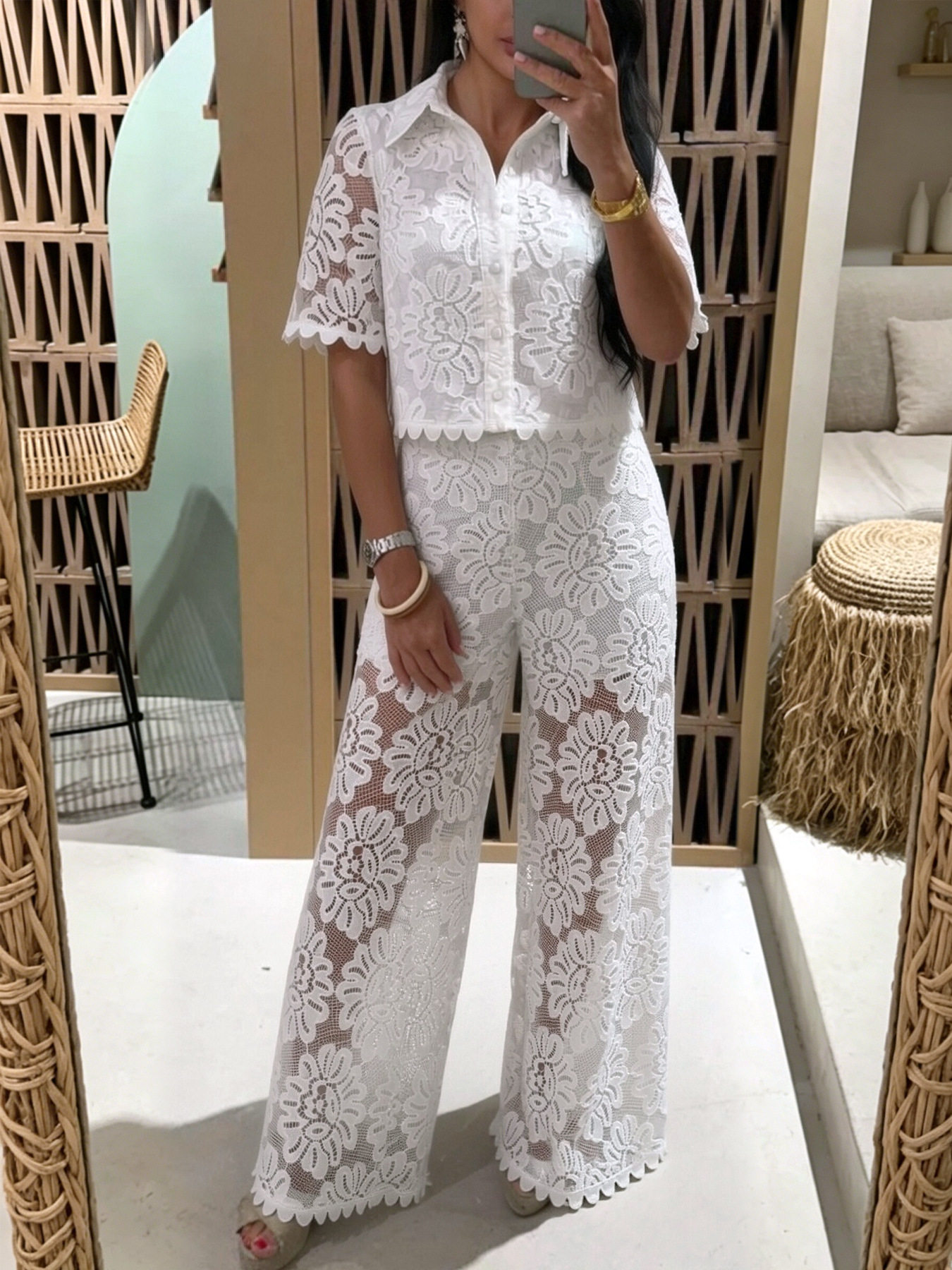 Lace Crochet Short Sleeve Top and High Waist Pants Set Elegant Design Solid Color Comfortable Fit Perfect for Casual