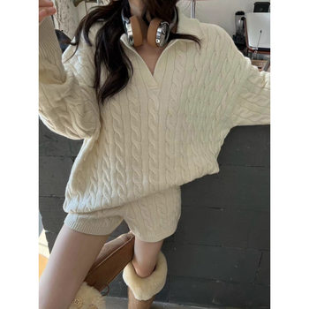 Kaning Lazy Style Twist Knit Sweater Set Women's Autumn 2025 New High-Waisted Shorts Sweater Two-Piece Set