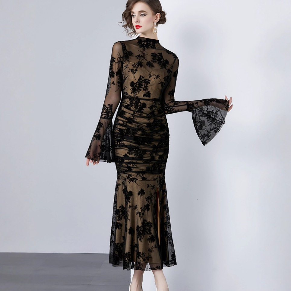 Vintage Floral Print Bodycon Mermaid Dress Sheer Mesh Flared Sleeves Sexy Split Evening Wear Cocktail Party