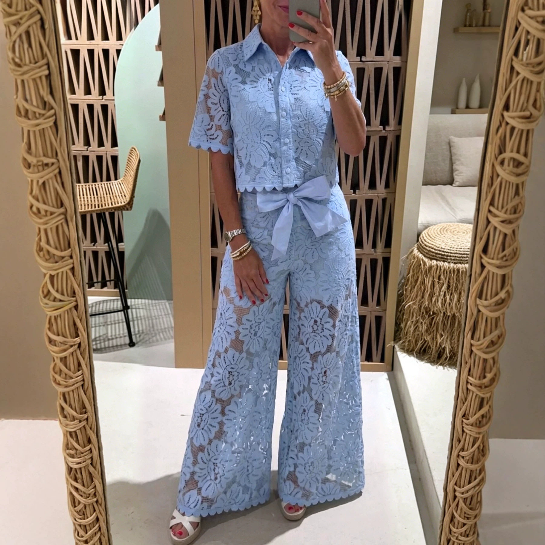 Lace Crochet Short Sleeve Top and High Waist Pants Set Elegant Design Solid Color Comfortable Fit Perfect for Casual