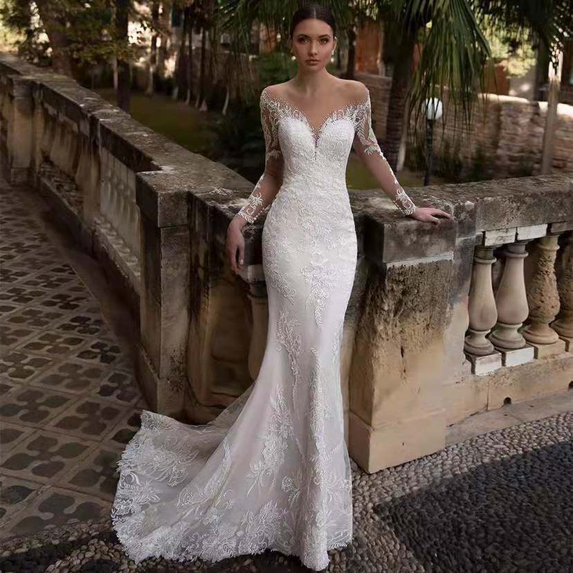 Deep V fishtail wedding dress with sexy temperament and slimming look backless soft gauze fashionable and figure-shaping wedding dress