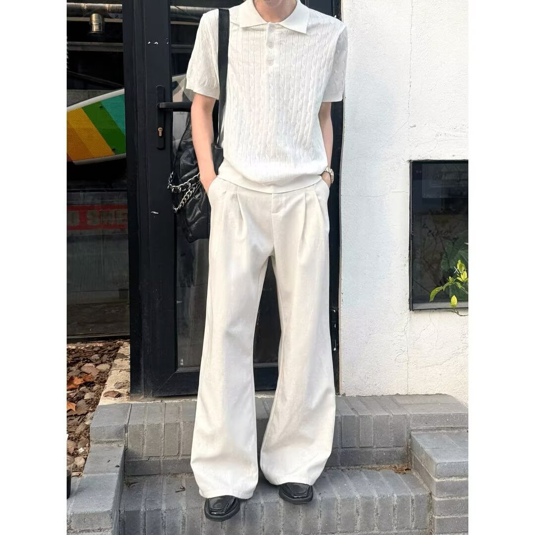 天丝亚麻西裤男式老钱风高级感廓形A字设计打褶宽松阔腿休闲长裤
