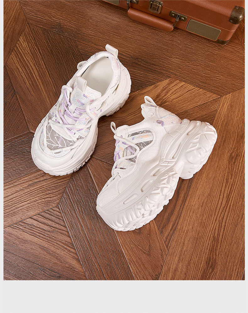 Giày sneaker nữ chunky đế dày phong cách thể thao, mũi tròn, dây buộc, đế cao siêu cao 8cm — Trắng Tím, Xám Xanh chi tiết 16