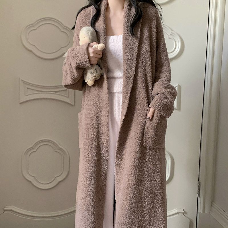 Pajamas for Women, Autumn and Winter Half-Velvet Fleece-Lined and Thickeneded Simple Brown Bathrobe, Winter Maternity Home Clothes That Can Be Worn Outside